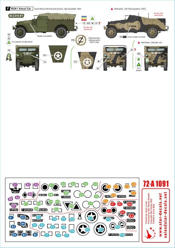Star Decals 72-A1091 SA Tanks and AFVs in Italy South African Sherman IIA, Sherman Firefly VC, Sherman V AOP, M3A1 Scout Car, Humber Scout Car. 1/72 – zdjęcie 3