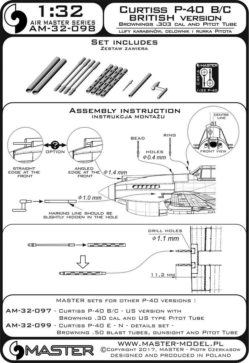 Master AM-32-098 Curtiss P-40 B/C Tomahawk II - UK version - .30 cal Browning rifle barrels and British version Pitot tubes (1/32) – image 3