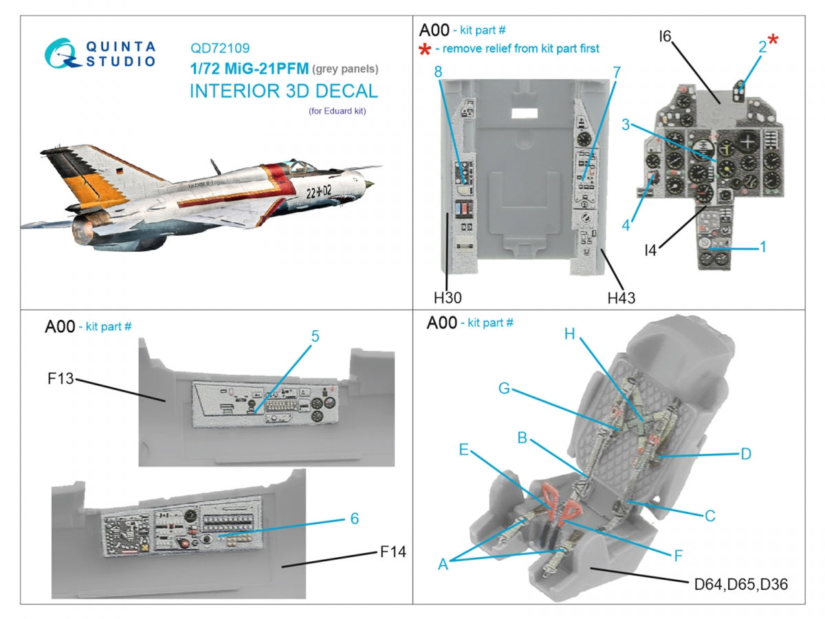 Quinta Studio QD72109 MiG-21PFM Gray panels 3D-Printed &amp;amp; colored Interior on decal paper (Eduard) 1/72 – image 2