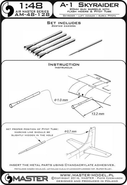 Master AM-48-128 A-1 Skyraider - 20mm cannon barrels with flash hiders and Pitot Tube 1/48 – zdjęcie 3