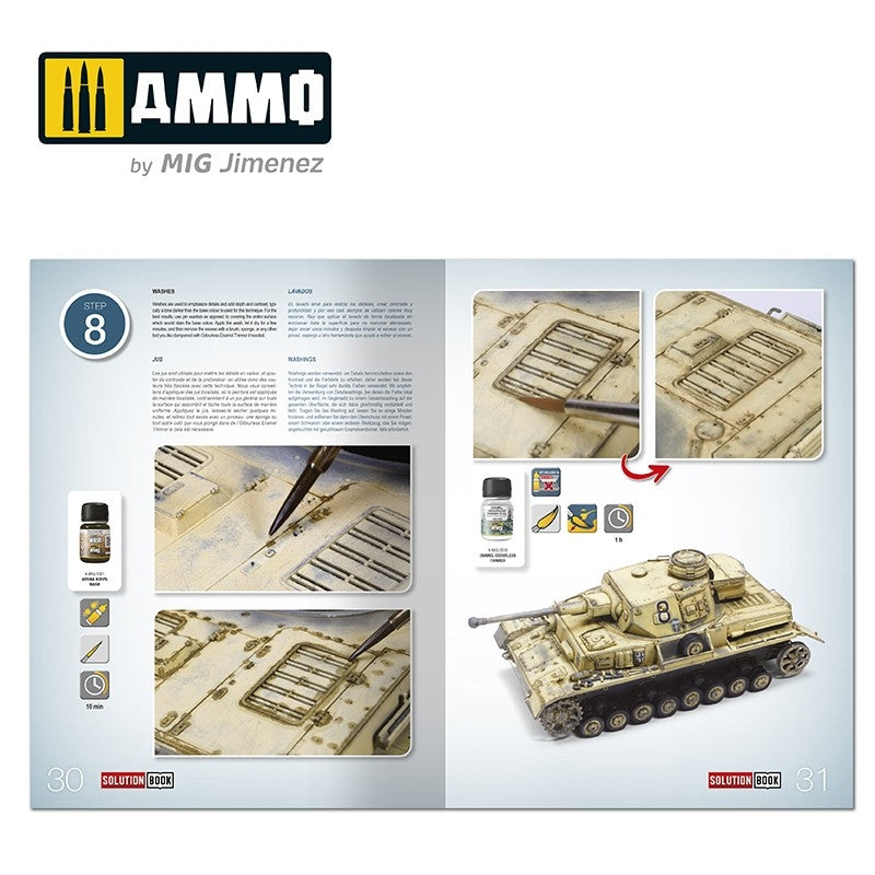 AMMO of Mig Jimenez 6602 SOLUTION BOOK 19 - How to Paint WWII German D.A.K .Vehicles (English, Castellano, Francais, Deutsch) – zdjęcie 2