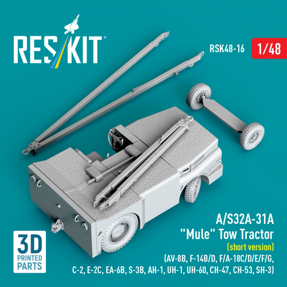 RESKIT RSK48-0016 A/S32A-31A "Mule" Tow Tractor (short version) (AV-8B, F-14B/D, F/A-18C/D/E/F/G, C-2, E-2С, EA-6B, S-3B, AH-1, UH-1, UH-60, CH-47, CH-53, SH-3) (3D Printed model kit) 1/48