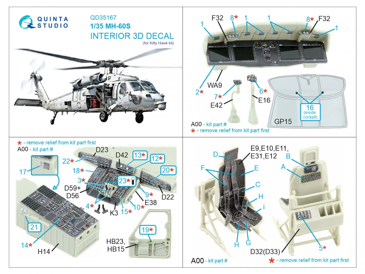 Quinta Studio QD35167 МН-60S Knighthawk 3D-Printed &amp; coloured Interior on decal paper (Kitty Hawk) 1/35