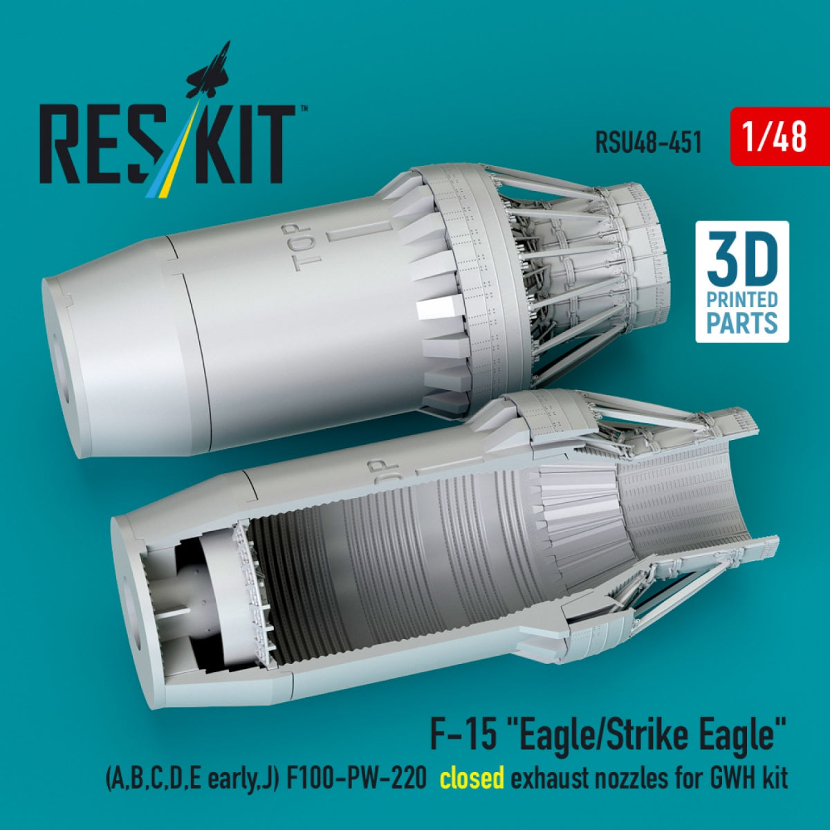 RESKIT RSU48-0451 F-15 "Eagle/Strike Eagle" (A,B,C,D,E early,J) F100-PW-220 closed exhaust nozzles for GWH kit (3D Printed) 1/48