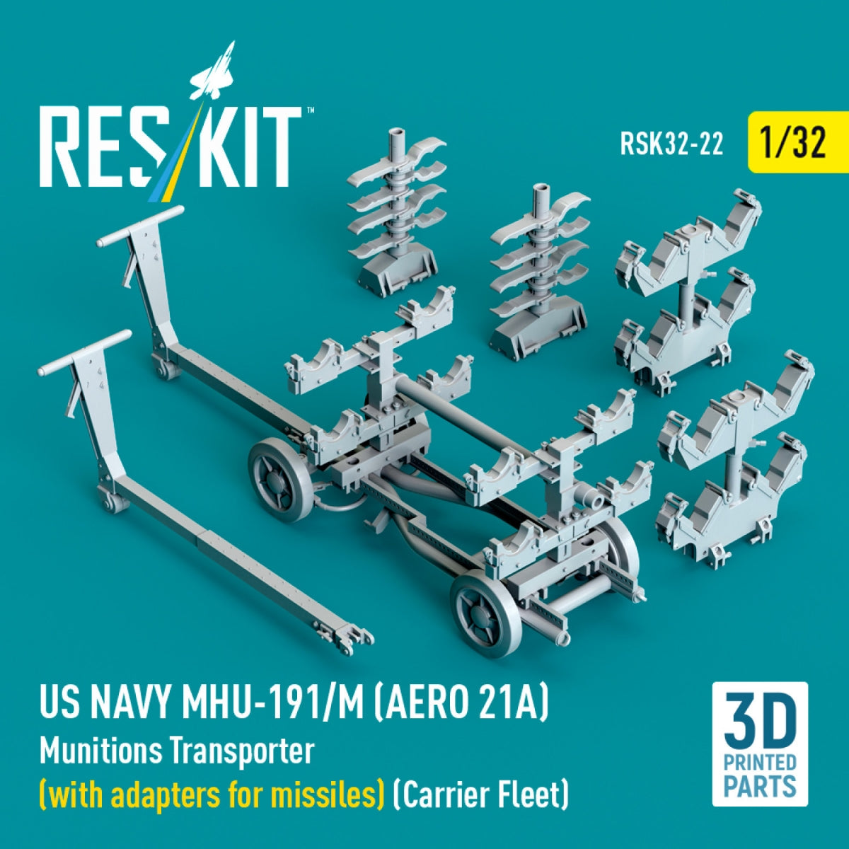 RESKIT RSK32-0022 US NAVY MHU-191/M (AERO 21A) Munitions Transporter (with adapters for bombs) (Carrier Fleet) (3D Printed model kit) 1/32 – zdjęcie 3