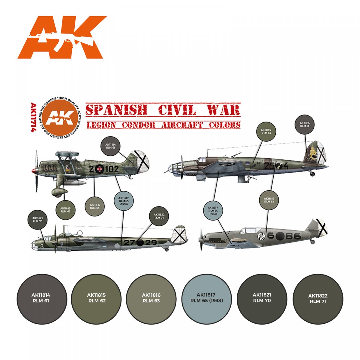 AK Interactive AK11714 SPANISH CIVIL WAR. LEGION CONDOR AIRCRAFT COLORS 6x17 ml – zdjęcie 2