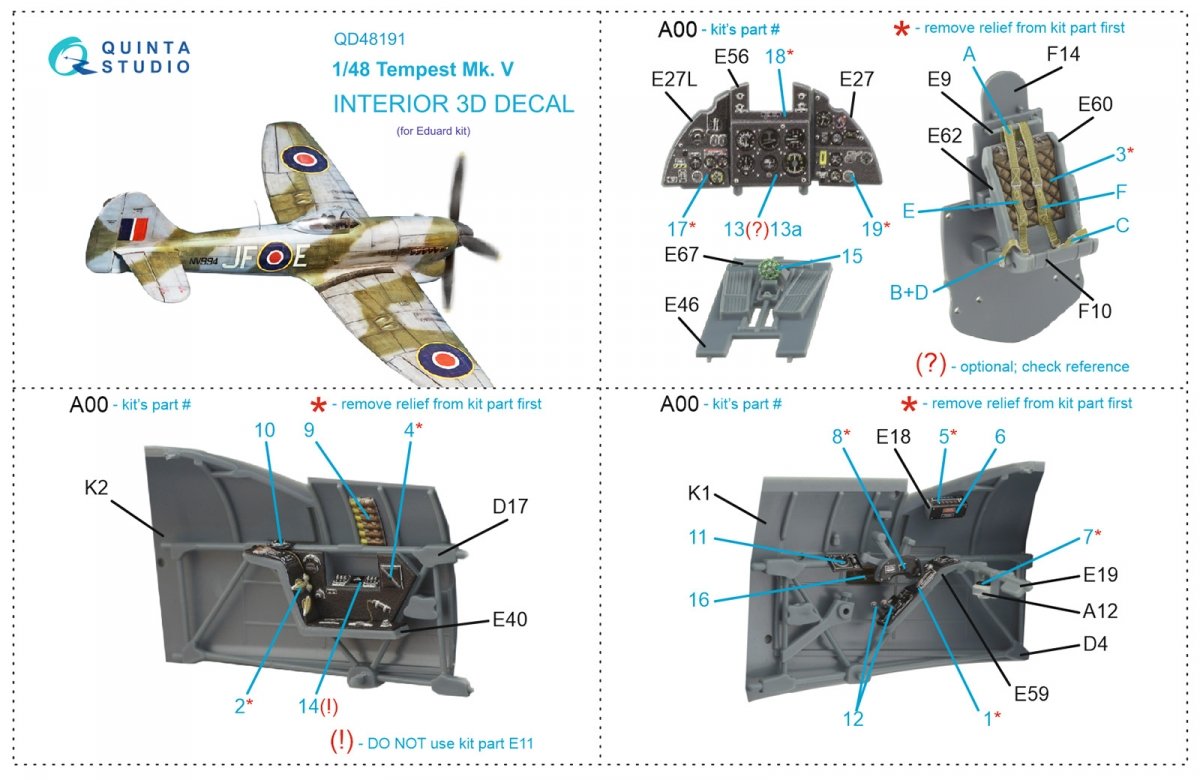 Quinta Studio QD48191 Tempest Mk.V 3D-Printed &amp;amp; coloured Interior on decal paper (Eduard) 1/48 – zdjęcie 12