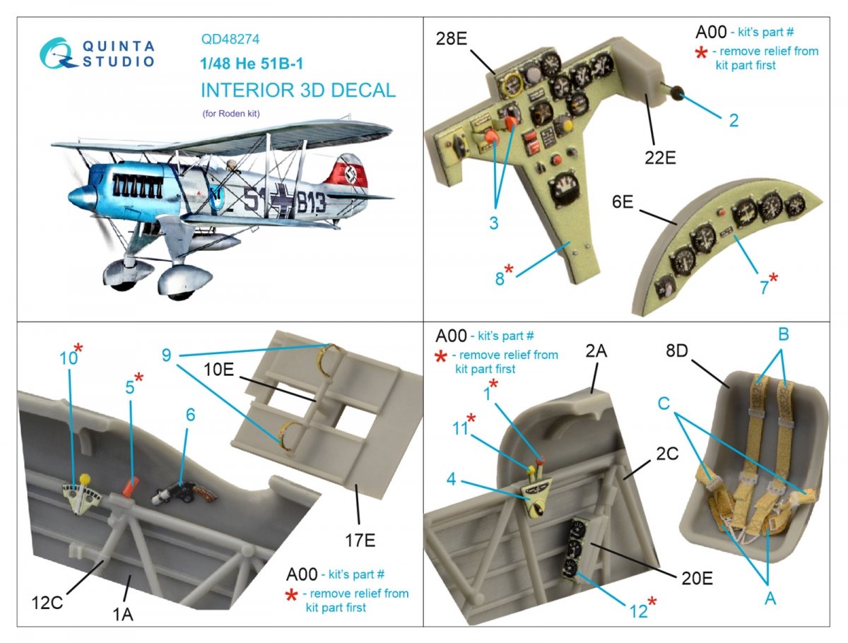 Quinta Studio QD48274 He 51B 3D-Printed &amp;amp; coloured Interior on decal paper (Roden) 1/48 – zdjęcie 10