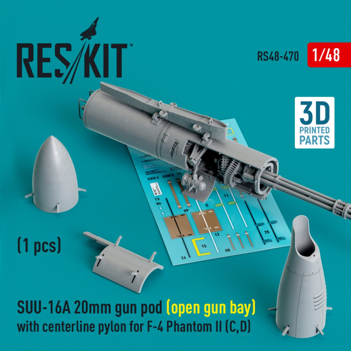 RESKIT RS48-0470 SUU-16A 20mm gun pod (open gun bay) with centerline pylon for F-4 Phantom II (C,D) (1 pcs) (3D Printed) 1/48