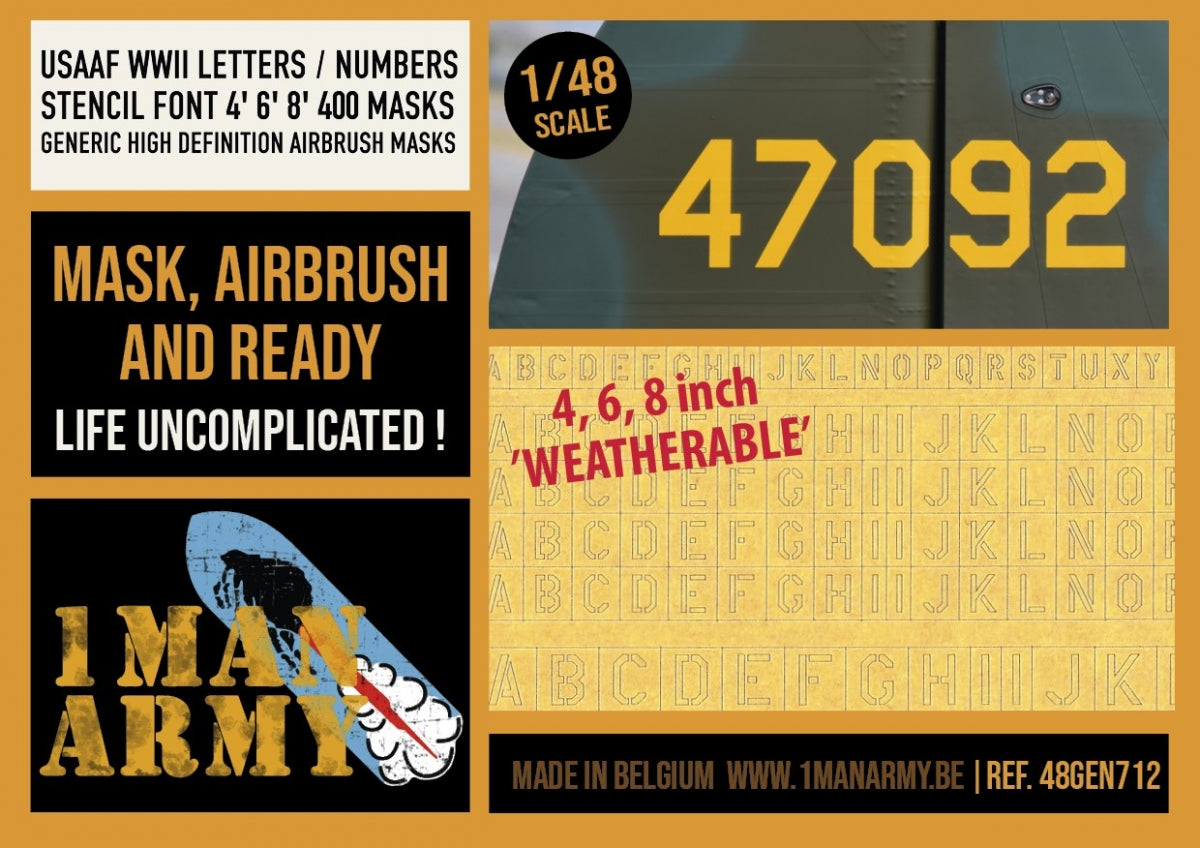 1 Man Army 48GEN714 USAAF WWII Letters / Numbers Full & Stencil 18" (300 pcs) 1/48