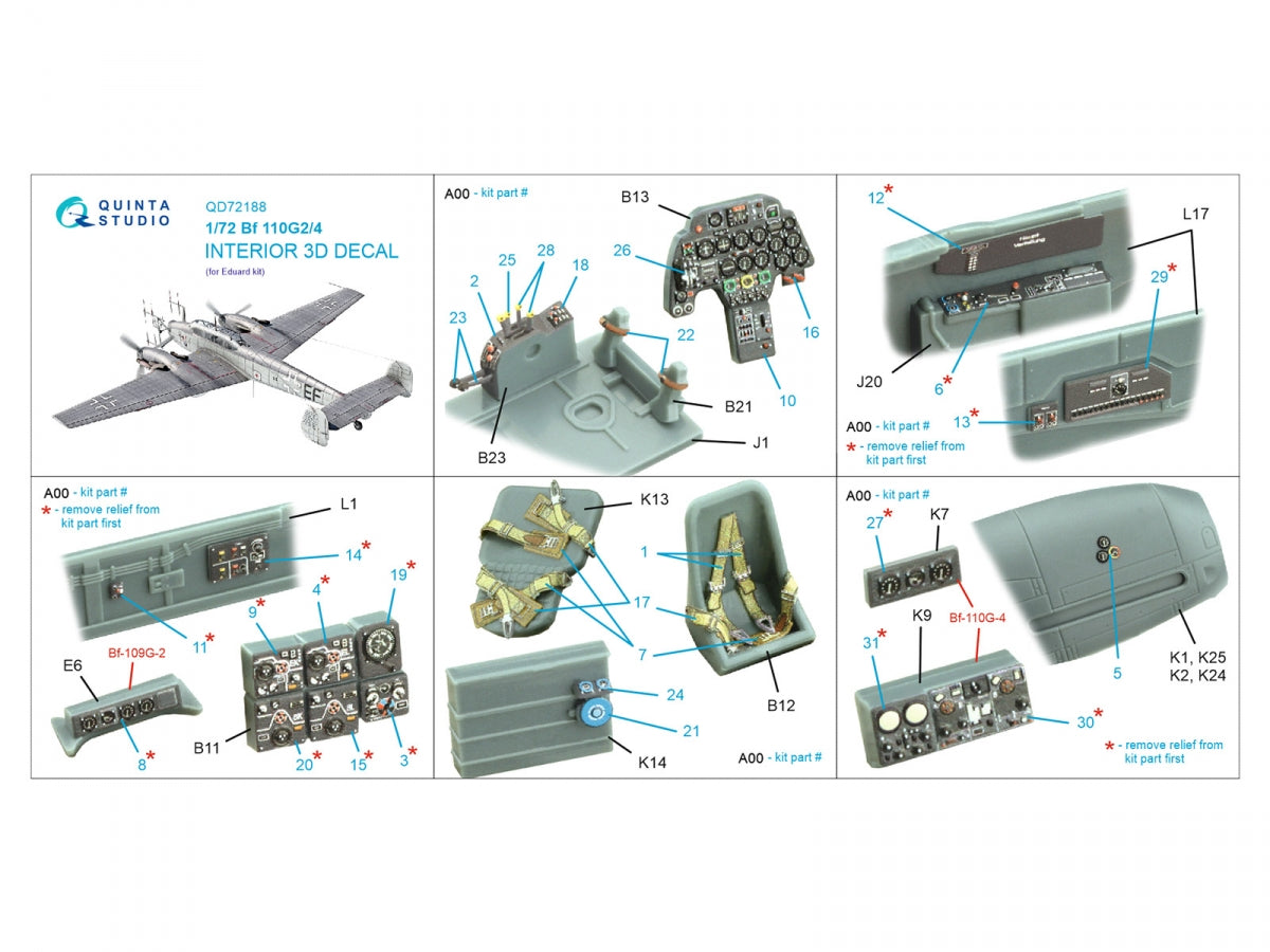 Quinta Studio QD72188 Bf 110G2/4 3D-Printed &amp;amp; colored Interior on decal paper (Eduard) 1/72 – image 2
