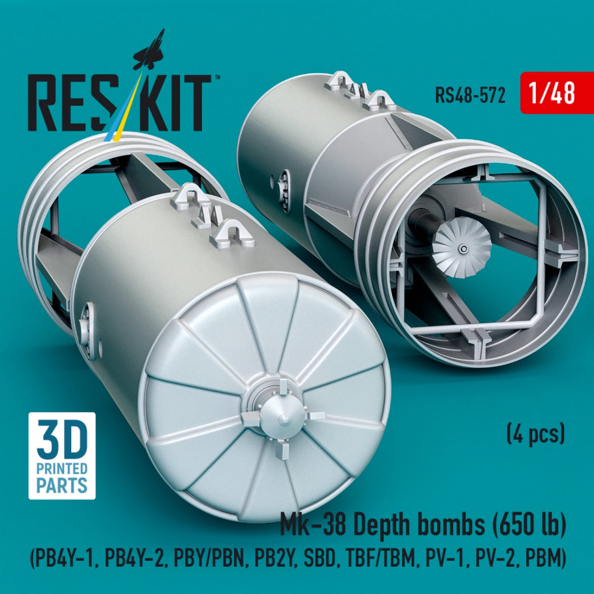 RESKIT RS48-0572 Mk-38 Depth bombs (650 lb) (4 pcs) (PB4Y-1, PB4Y-2, PBY/PBN, PB2Y, SBD, TBF/TBM, PV-1, PV-2, PBM) (3D Printed) 1/48