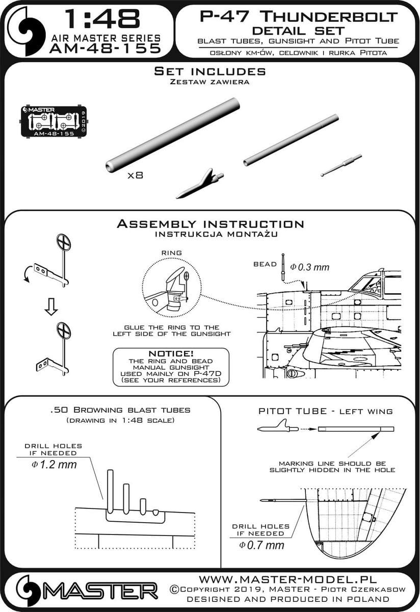 Master AM-48-155 P-47 Thunderbolt - zestaw detali - uzbrojenie, rurka Pitota, celownik 1/48 – Bild 3