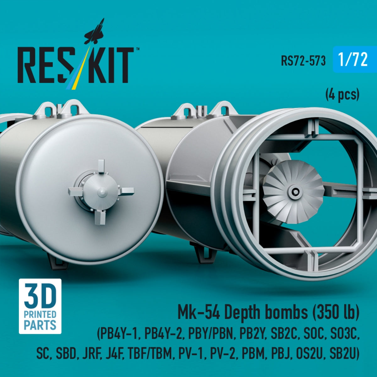RESKIT RS72-0573 Mk-54 Depth bombs (350 lb) (4 pcs) (PB4Y-1, PB4Y-2, PBY/PBN, PB2Y, SB2C, SOC, SO3C, SC, SBD, JRF, J4F, TBF/TBM, PV-1, PV-2, PBM, PBJ, OS2U, SB2U) (3D Printed) 1/72
