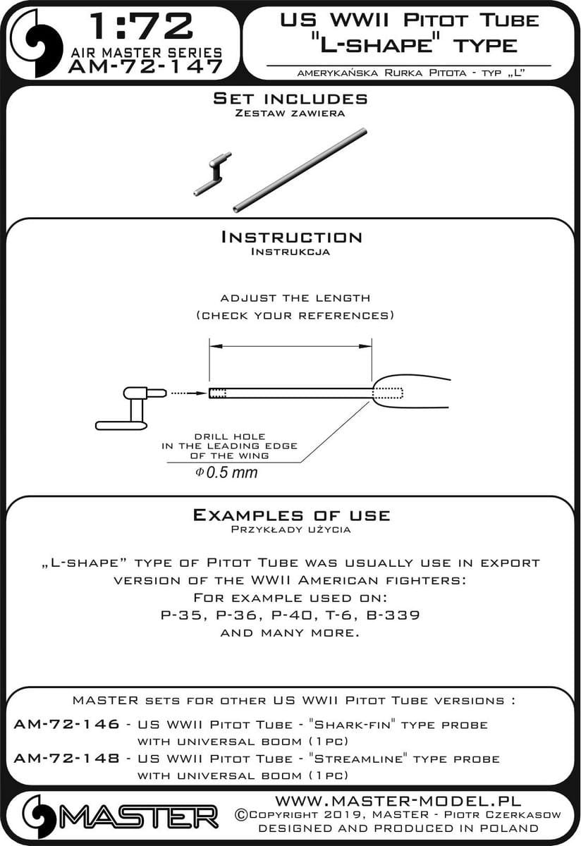 Master AM-72-147 American WWII Pitot Tube - Type &amp;quot;L&amp;quot; (1 pc.) - used mainly on export versions of American aircraft - P-35, P-36, P-40, T-6, B-339 and others 1/72 – image 4