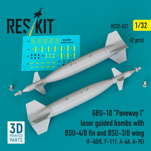 RESKIT RS32-0521 GBU-10 "Paveway I" laser guided bombs with BSU-4/B fin and BSU-3/B wing (2 pcs) (3D Printed) 1/32