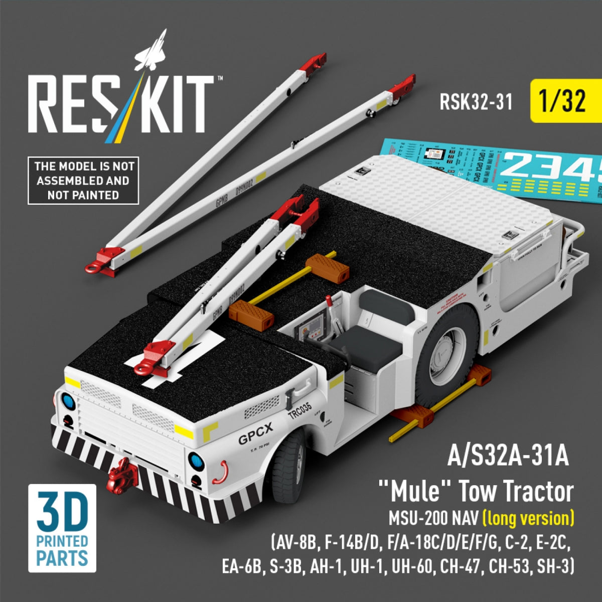 RESKIT RSK32-0031 A/S32A-31A "Mule" Tow Tractor MSU-200 NAV (long version) (AV-8B, F-14B/D, F/A-18C/D/E/F/G, C-2, E-2С, EA-6B, S-3B, AH-1, UH-1, UH-60, CH-47, CH-53, SH-3) (3D Printed model kit) 1/32