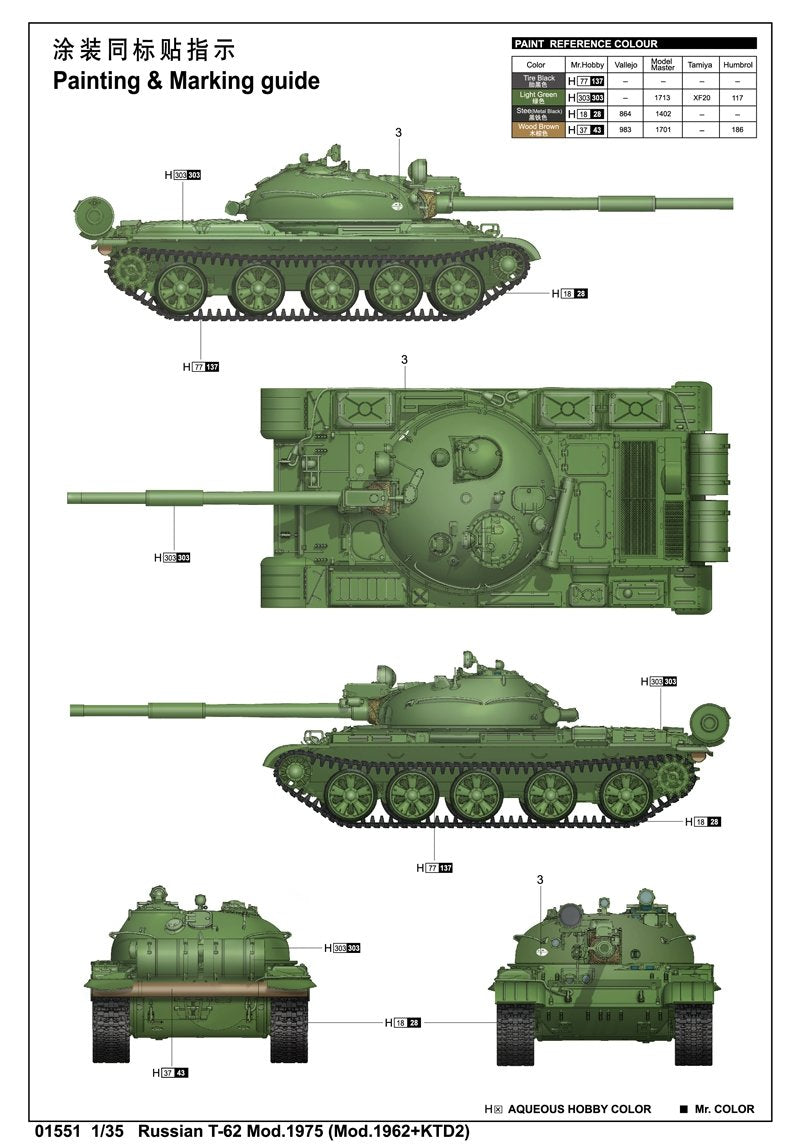 Trumpeter 01551 Russian T-62 Mod.1975 (Mod.1962+KTD2) – zdjęcie 3