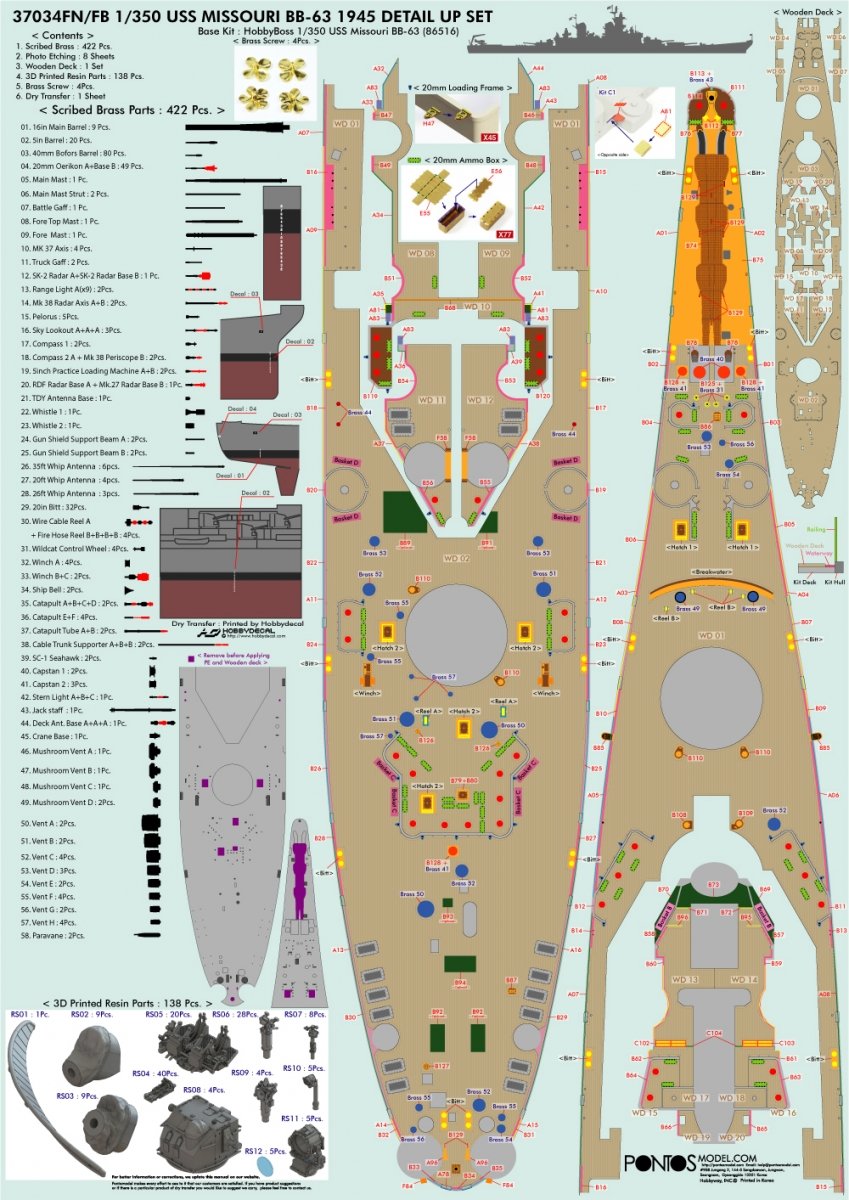 Pontos 37034FB USS BB-63 Missouri 1945 Advanced Detail Up Set for Hobbyboss Kit (Deck Blue 20B stained wooden deck) 1/350 – Bild 8