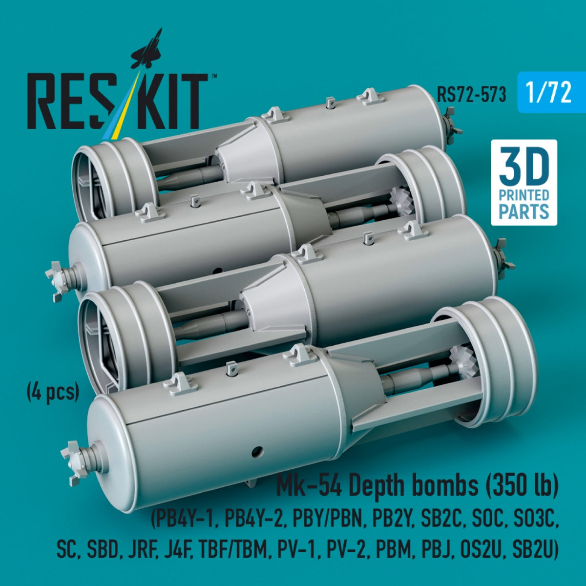 RESKIT RS72-0573 Mk-54 Depth bombs (350 lb) (4 pcs) (PB4Y-1, PB4Y-2, PBY/PBN, PB2Y, SB2C, SOC, SO3C, SC, SBD, JRF, J4F, TBF/TBM, PV-1, PV-2, PBM, PBJ, OS2U, SB2U) (3D Printed) 1/72