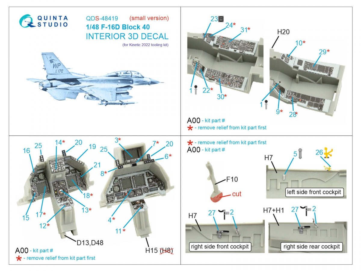 Quinta Studio QDS-48419 F-16D block 40 3D-Printed &amp;amp; coloured Interior on decal paper (Kinetic 2022 tool) (Small version) 1/48 – zdjęcie 2