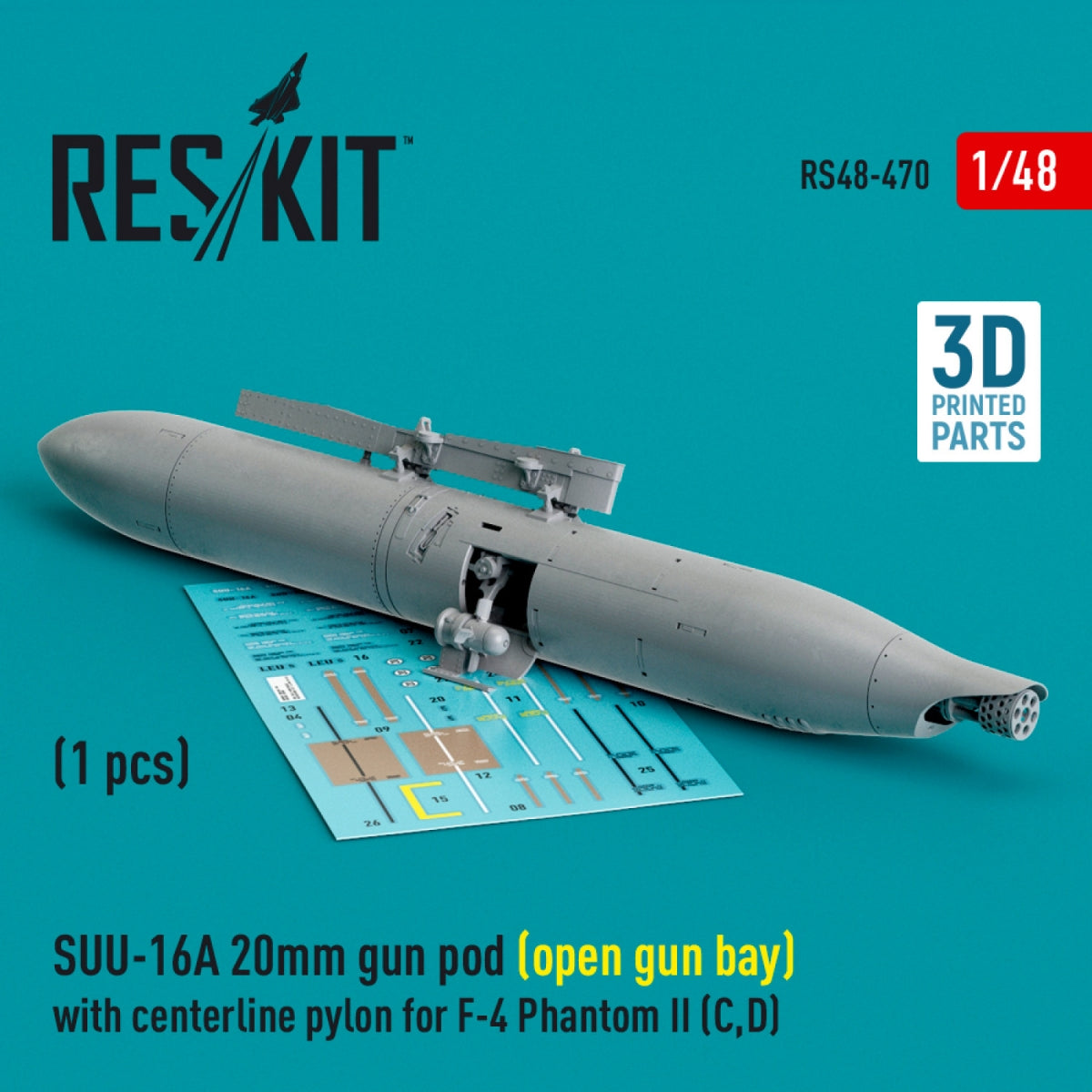 RESKIT RS48-0470 SUU-16A 20mm gun pod (open gun bay) with centerline pylon for F-4 Phantom II (C,D) (1 pcs) (3D Printed) 1/48 – immagine 2