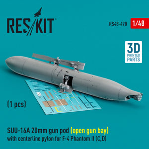 RESKIT RS48-0470 SUU-16A 20mm gun pod (open gun bay) with centerline pylon for F-4 Phantom II (C,D) (1 pcs) (3D Printed) 1/48 – immagine 2