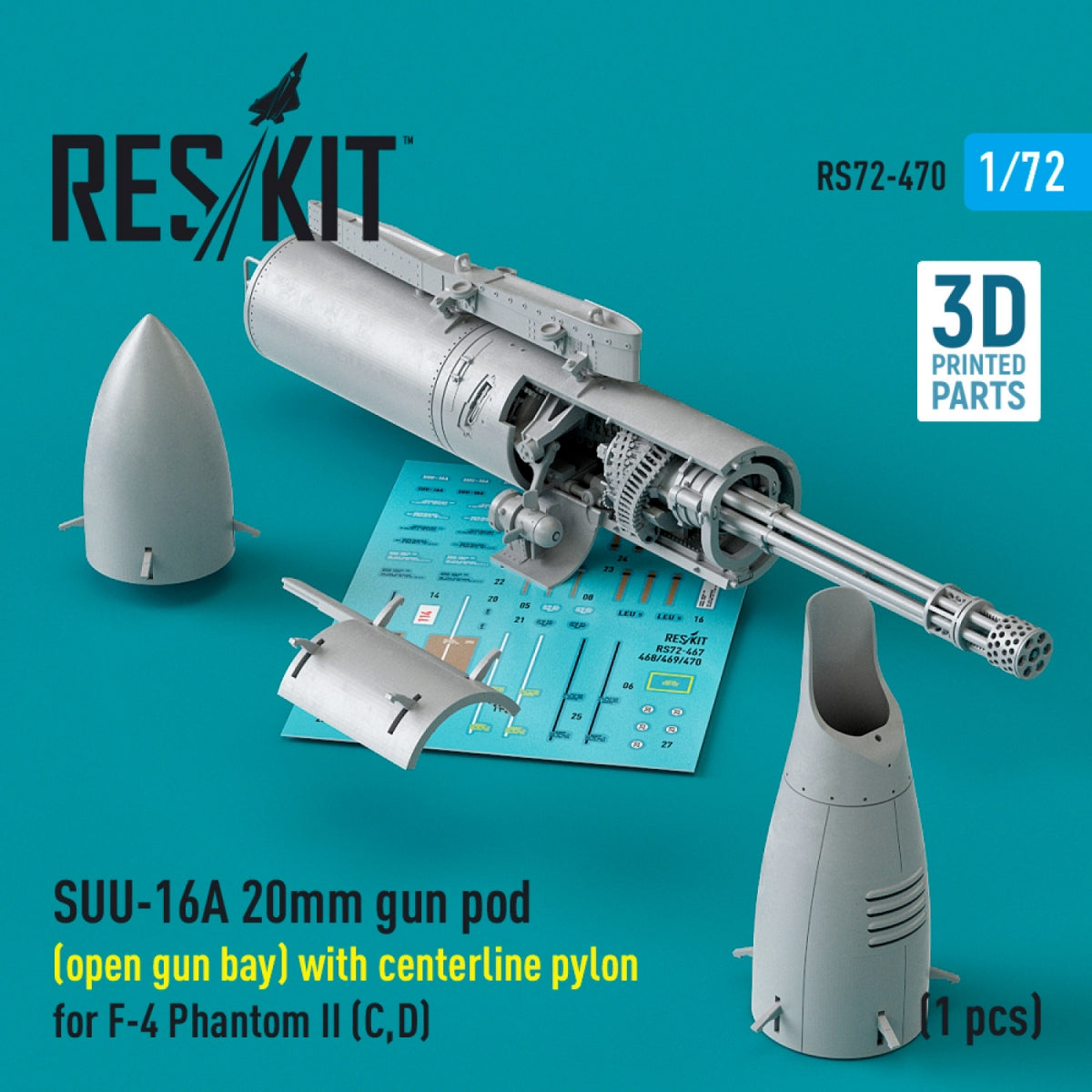 RESKIT RS72-0470 SUU-16A 20mm gun pod (open gun bay) with centerline pylon for F-4 Phantom II (C,D) (1 pcs) (3D Printed) 1/72 – zdjęcie 2