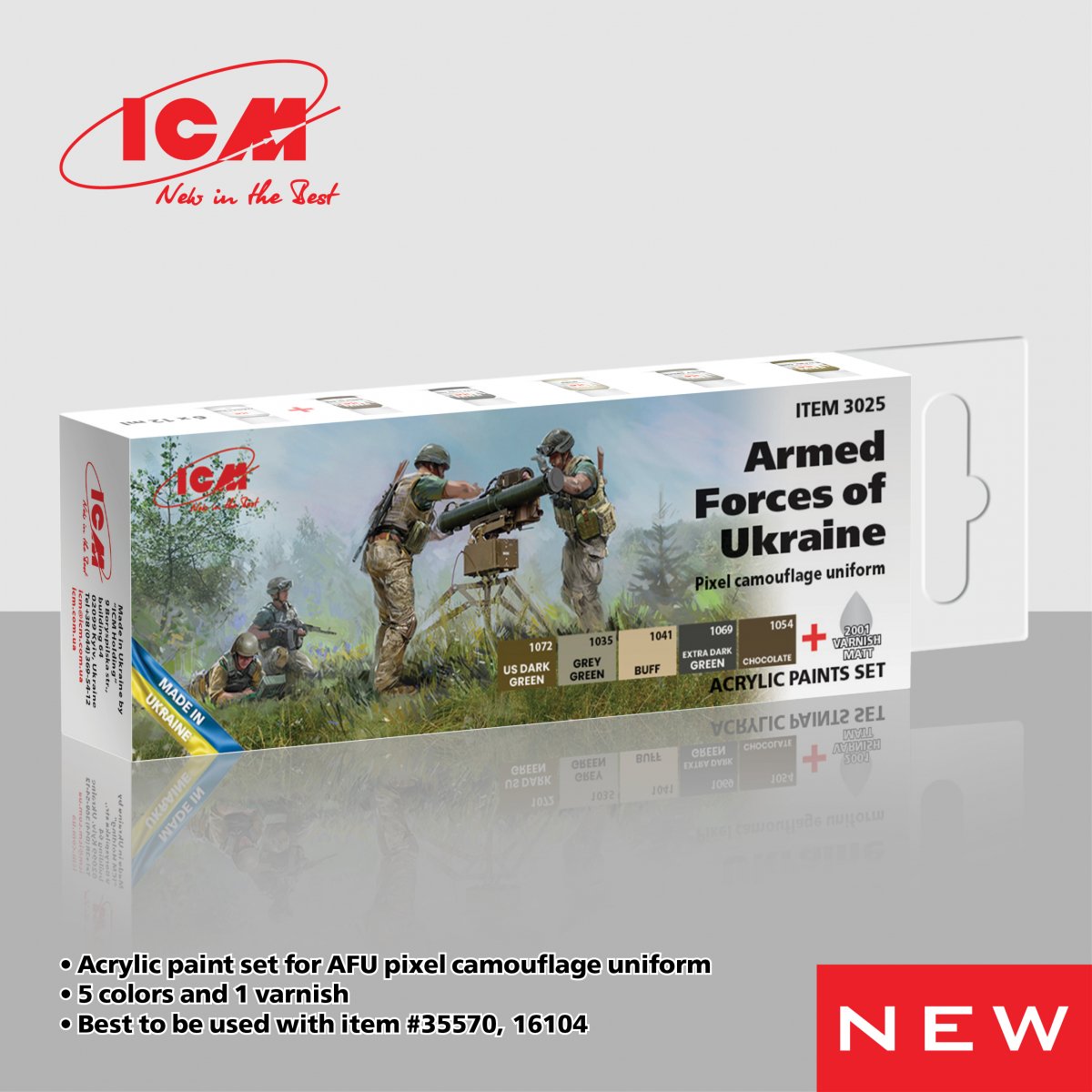 Kit de peinture acrylique ICM 3025 pour uniforme de camouflage pixel AFU (5 x 12 ml) + vernis mat
