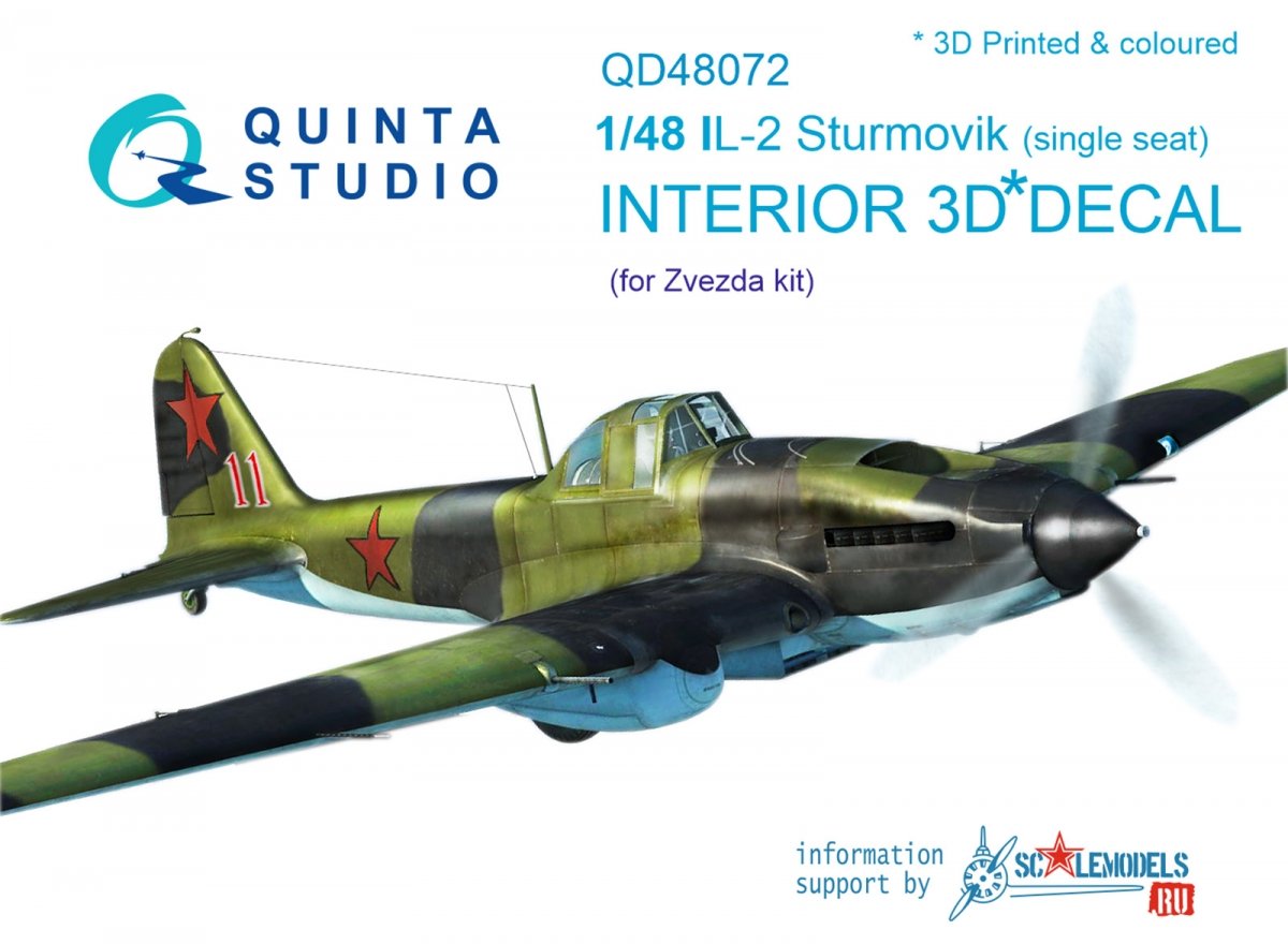 Quinta Studio QD48072 Il-2 Single seat 3D-Printed &amp; colored Interior on decal paper (for kit) 1/48
