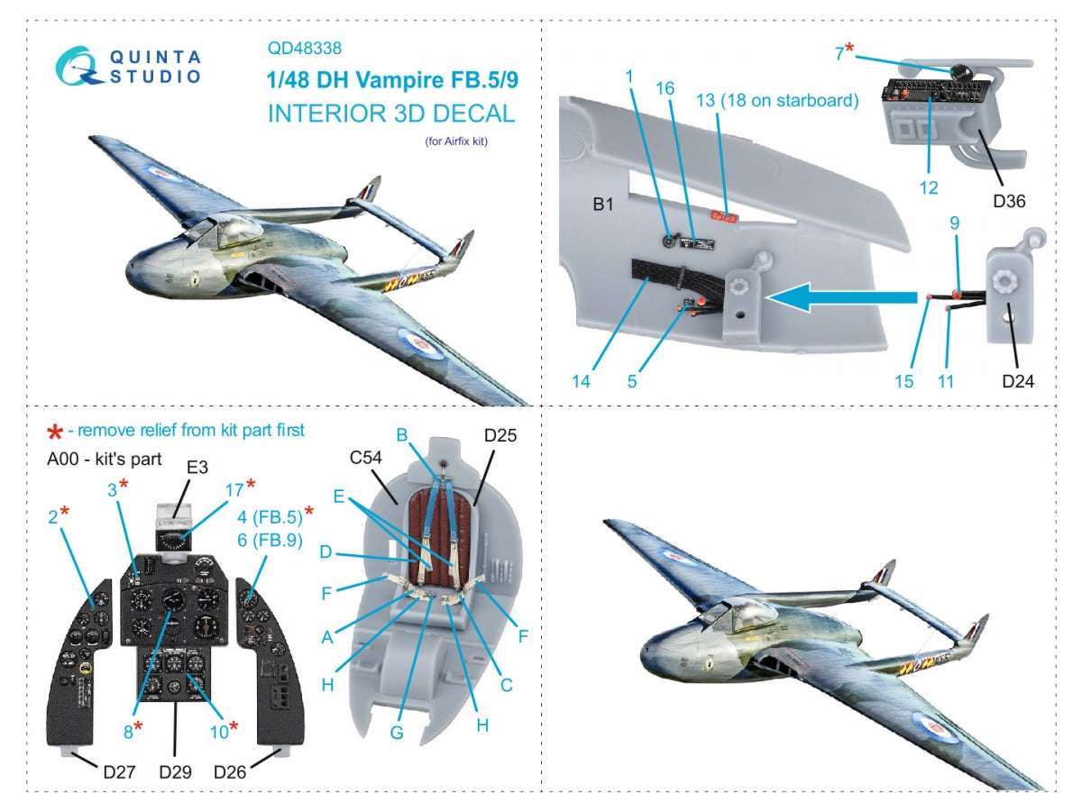 Quinta Studio QD48338 DH Vampire FB.5/FB.9 3D-Printed coloured Interior on decal paper (Airfix) 1/48 – zdjęcie 2