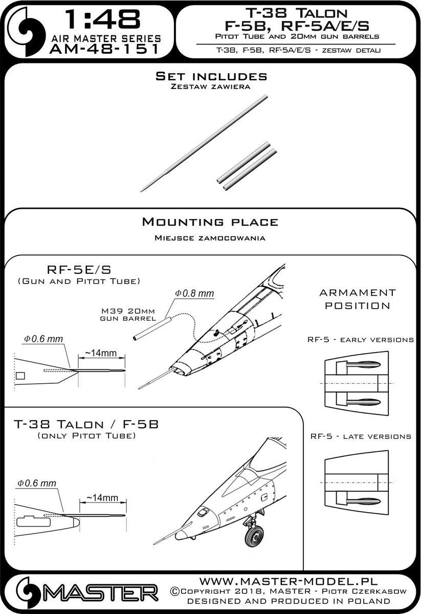 Master AM-48-151 T-38 Talon / F-5B / RF-5A, E, S - Pitot tube and 20mm gun barrels 1/48 – image 3