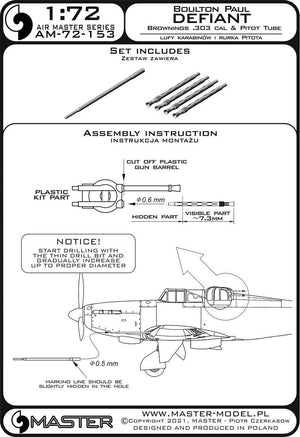 Master AM-72-153 Boulton Paul Defiant - Rurka Pitota oraz lufy Browning .303) 1/72 – imagen 2