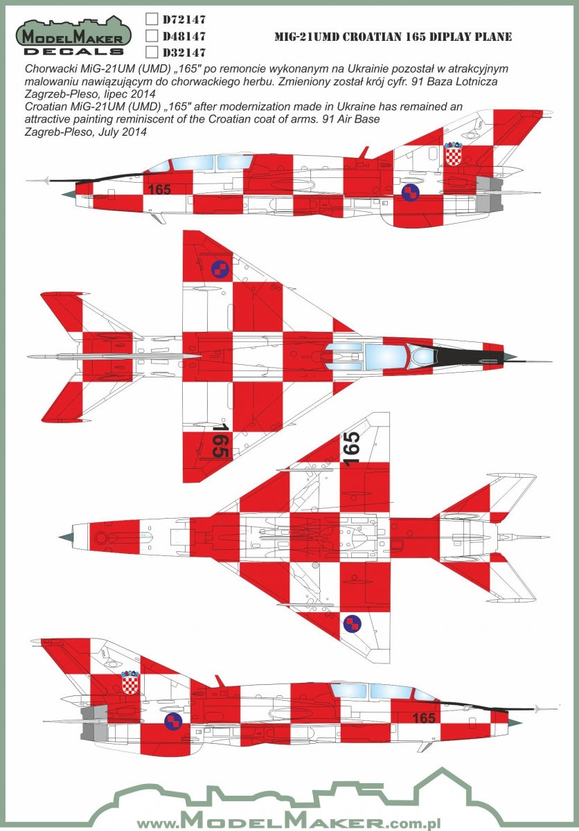 Décalcomanies ModelMaker D48147 MiG-21UMD CROATE 165 Avion d'exposition 1/48 