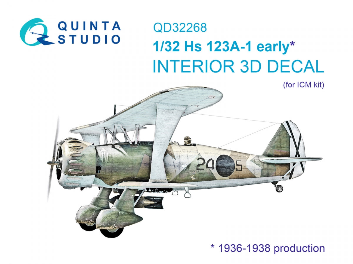 Quinta Studio QD32268 Hs 123A-1 early 3D-Printed &amp; coloured Interior on decal paper (ICM) 1/32