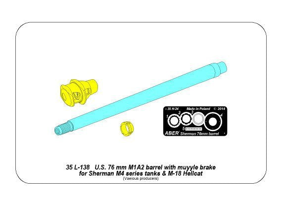 Aber 35L-137 U.S 76 mm M1A2 barrel with muzzle brake for Sherman M4 &amp;amp; M-18 Hellcat 1/35 – immagine 14