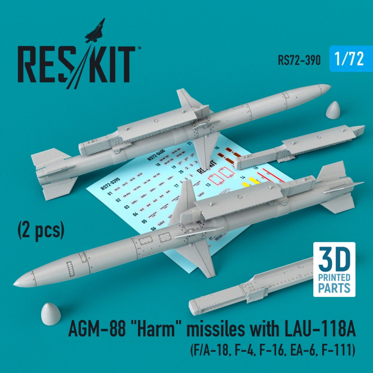 RESKIT RS72-0390 AGM-88 "HARM" MISSILES WITH LAU-118A (2 PCS) (F/A-18, F-4, F-16, EA-6, F-111) 1/72
