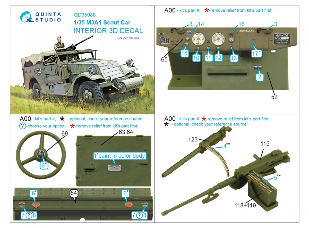 Quinta Studio QD35088 M3A1 Scout 3D-Printed &amp;amp; coloured Interior on decal paper (Zvezda) 1/35 – zdjęcie 2