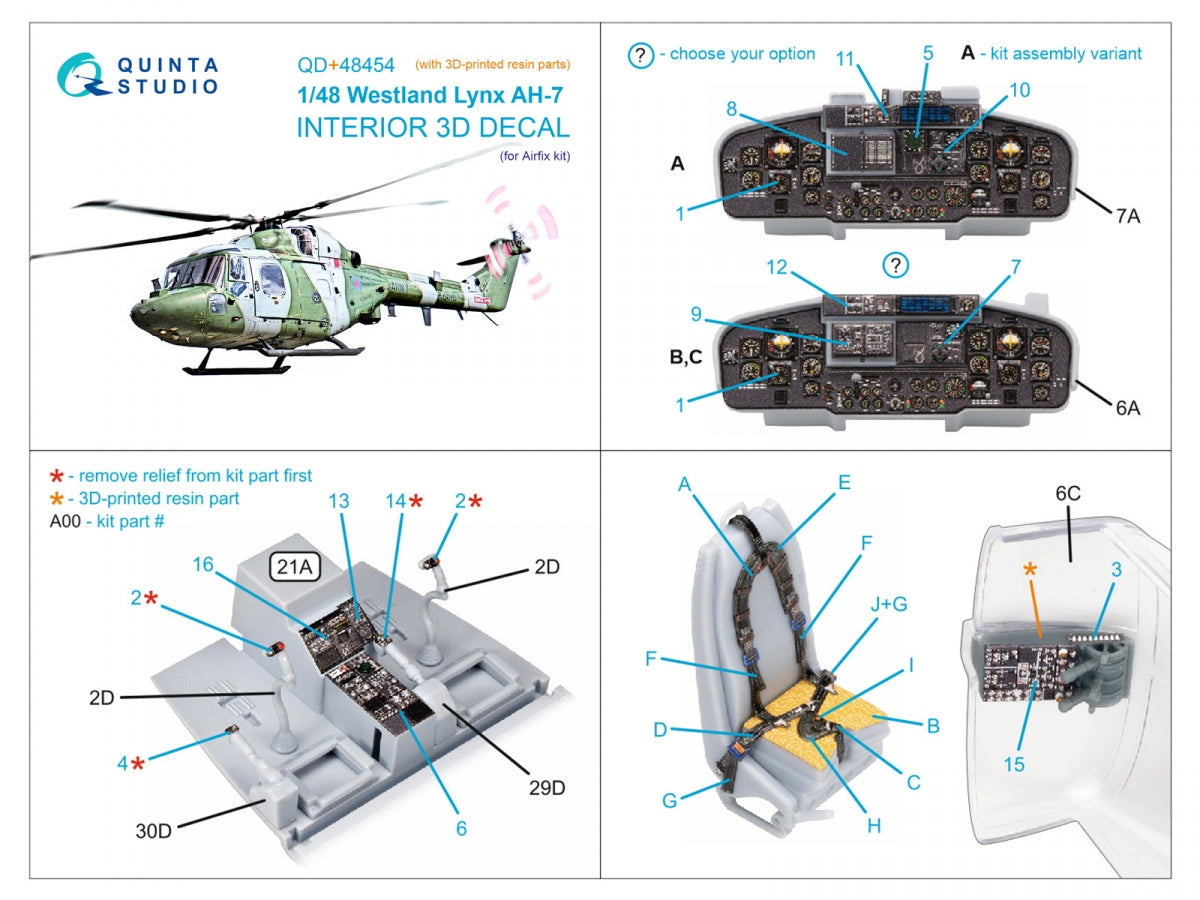 Quinta Studio QD+48454 Lynx AH-7 3D-Printed &amp;amp; coloured Interior on decal paper (Airfix) (with 3D-printed resin parts) 1/48 – zdjęcie 2
