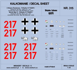 Weikert Decals DEC315 TIGER I - Otto Carius - tank 217 - Schwere Pz. Abt. 502, Malinovka - Latvia, May 1944 - ver.2 1/35