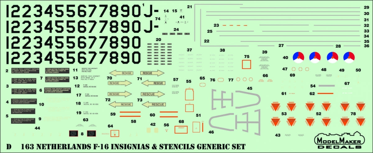 ModelMaker Decals D48163 Netherlands F-16 Insignia&amp;#39;s &amp;amp; stencils Generic set 1/48 – zdjęcie 3