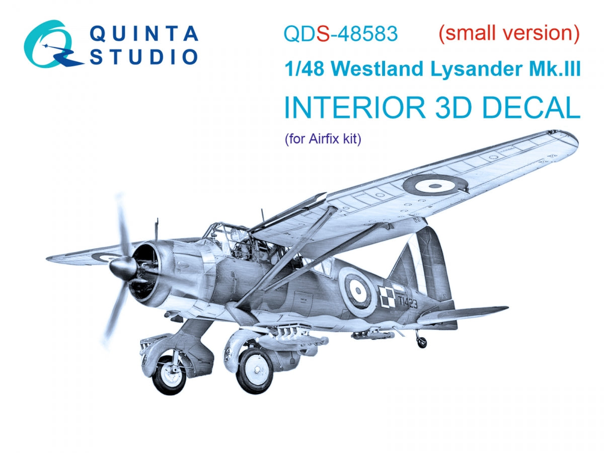 Quinta Studio QDS-48583 Westland Lysander Mk.III 3D-Printed &amp;amp; colored Interior on decal paper (Airfix) (small version) 1/48