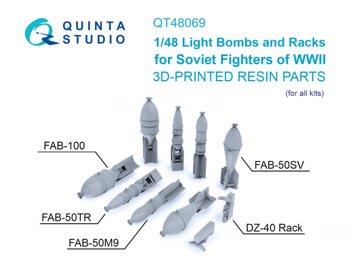 Quinta Studio QT48069 FAB-100 and FAB-50 family bombs, DZ-40 racks for fighters of the Red Army, WWII (all kits) 1/48