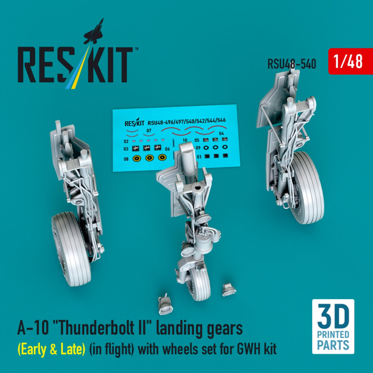 RESKIT RSU48-0540 A-10 "Thunderbolt II" landing gears (Early & Late) (in flight) with wheels set for GWH kit (3D Printed) 1/48
