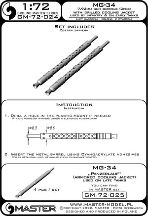 Master GM-72-024 MG-34 (7.92mm) - German machine gun barrels - version with drilled cooling jacket - used by infantry and on early tanks (2pcs) 1/72 – zdjęcie 6
