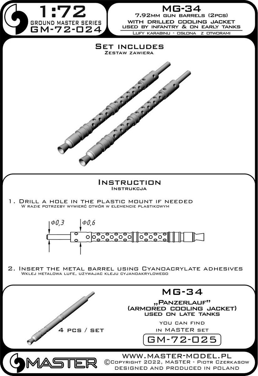 Master GM-72-024 MG-34 (7.92mm) - German machine gun barrels - version with drilled cooling jacket - used by infantry and on early tanks (2pcs) 1/72 – zdjęcie 6