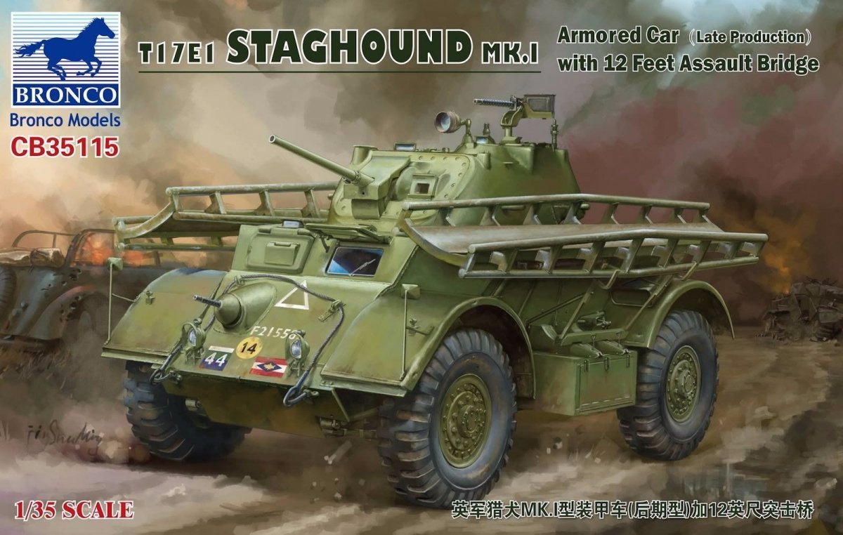 Bronco CB35115 T17E1 STAGHOUND MK.I Voiture blindée (production tardive) avec pont d'assaut de 12 pieds (1/35)