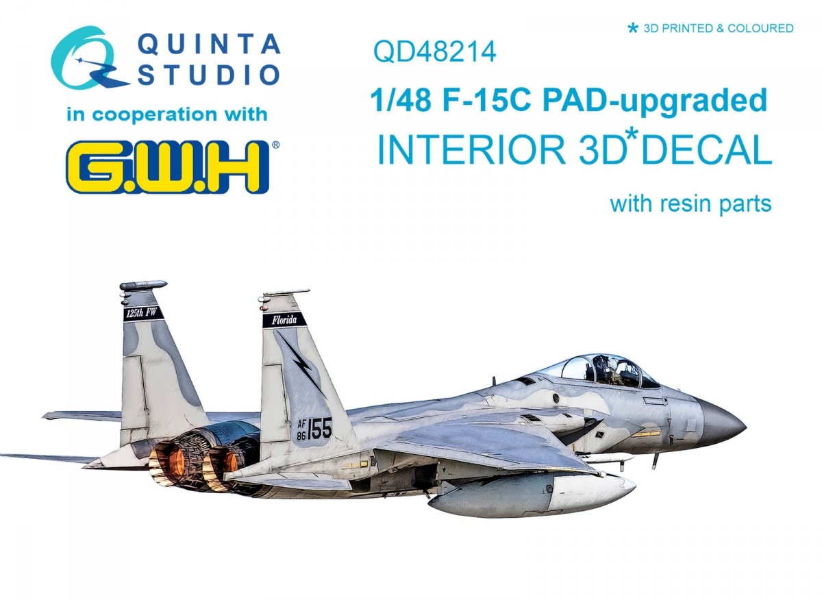 Quinta Studio QD48214 F-15C PAD-upgraded 3D-Printed &amp;amp; colored Interior on decal paper with resin parts (GWH) 1/48