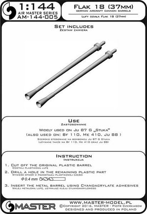 Master AM-144-005 German aircraft cannon 3,7cm Flak 18 gun barrels (used on Junkers Ju 87G and other) (2pcs) 1/144 – zdjęcie 3