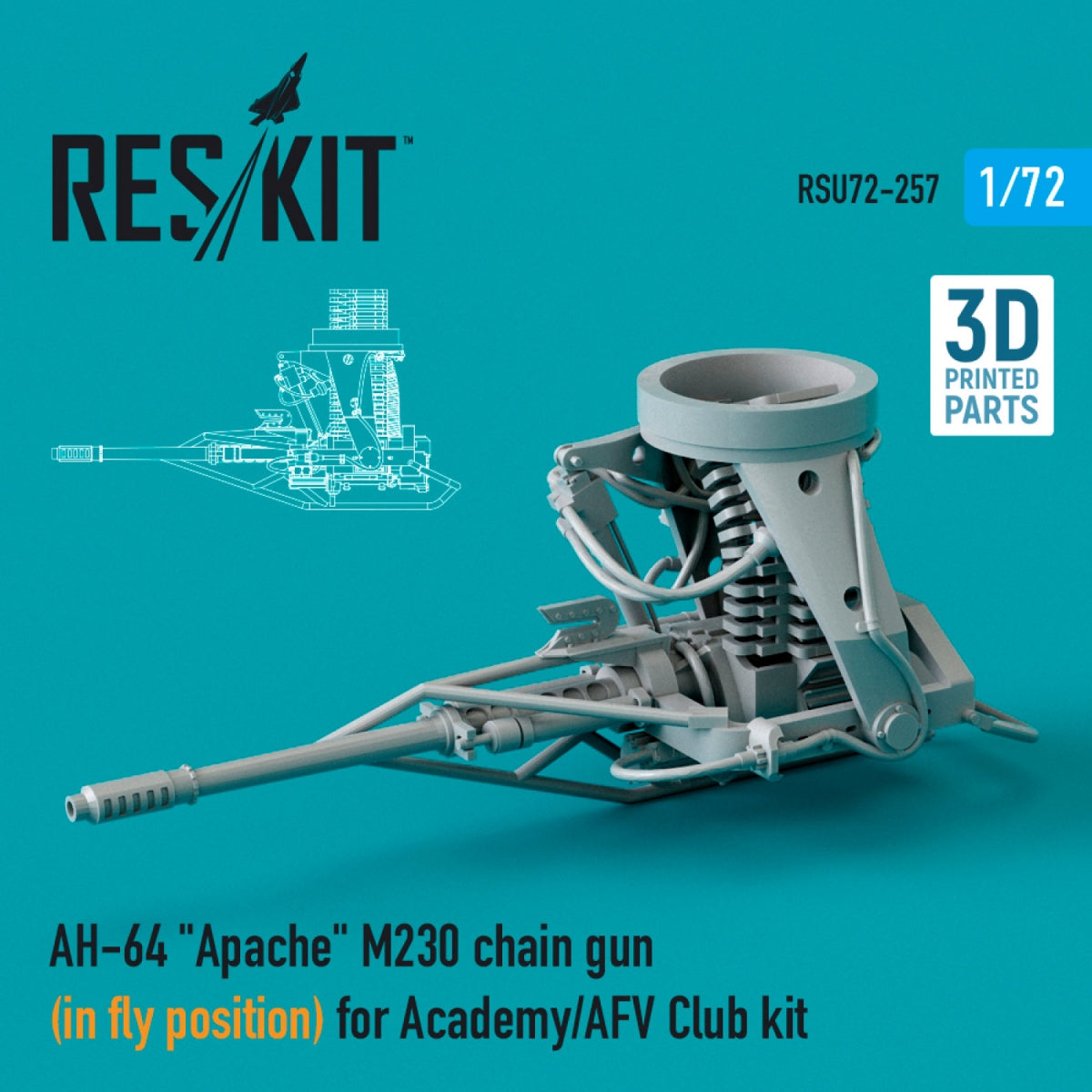 RESKIT RSU72-0257 AH-64 "APACHE" M230 CHAIN GUN (IN FLY POSITION) FOR ACADEMY / AFV CLUB KIT (3D PRINTED) 1/72